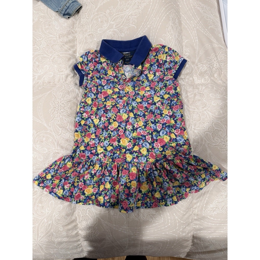 Polo Ralph Lauren Toddler Girls Preppy Floral Ruffle Polo Dress Cotton Pique/3T